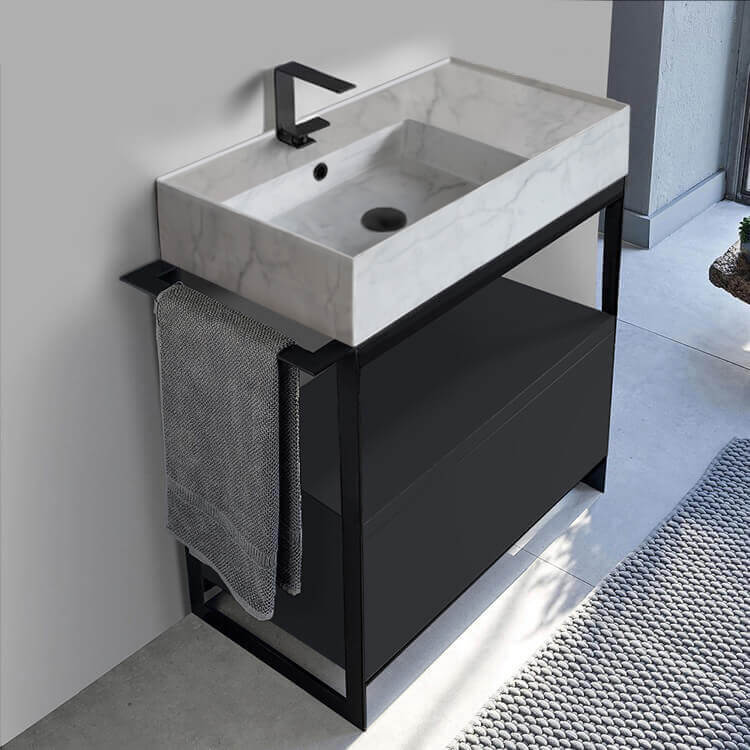Scarabeo 5115-F-SOL1-49-One Hole Console Sink Vanity With Marble Design Ceramic Sink and Matte Black Drawer